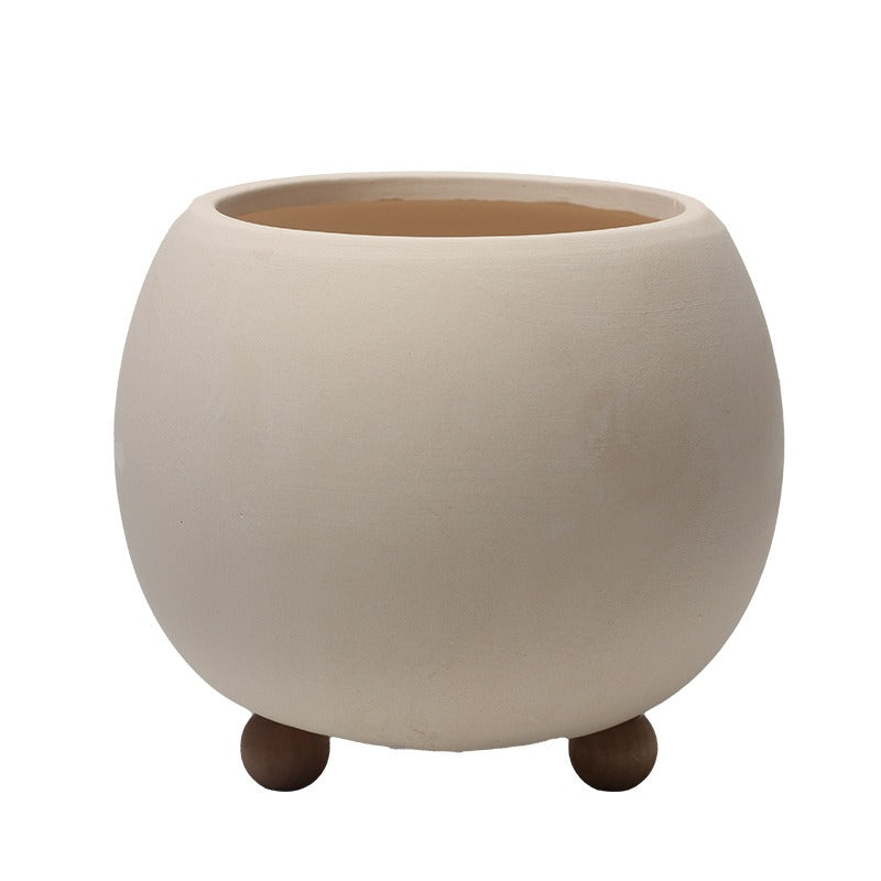 Nordic Round Ceramic Planter with Wooden Feet (18cm)