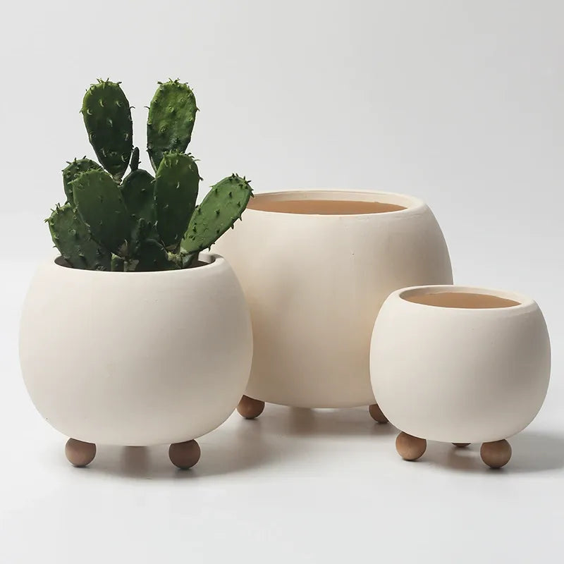 Nordic Round Ceramic Planter with Wooden Feet (18cm)